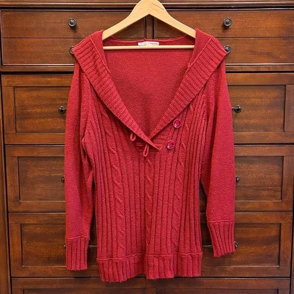 Maurices 3X Burgundy Cable Knit Hooded Sweater Shawl Collar V-Neck Plus Size - Picture 15 of 16